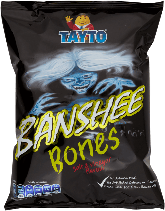 Tayto Banshee Bones salt & vinegar flavor packaging on a black background