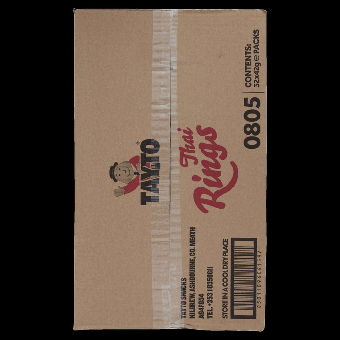 Cardboard box with TAYTO Thai Rings branding on a black background