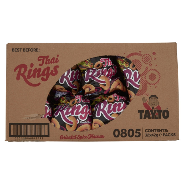 Cardboard box of Tayto Thai Rings with product image and branding.