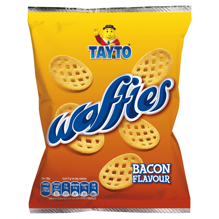 Packaging of Tayto Waffies Bacon Flavour on a white background