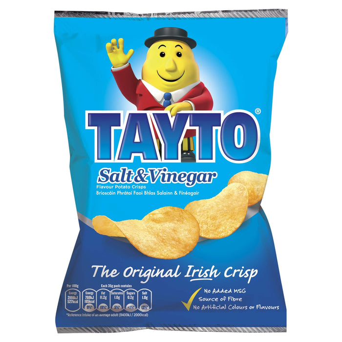 Tayto Salt & Vinegar potato chips packaging with a cartoon character on a blue background