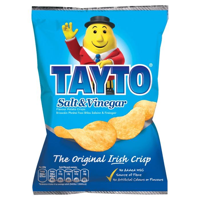 Tayto Salt & Vinegar potato chips packaging with a cartoon character on a blue background