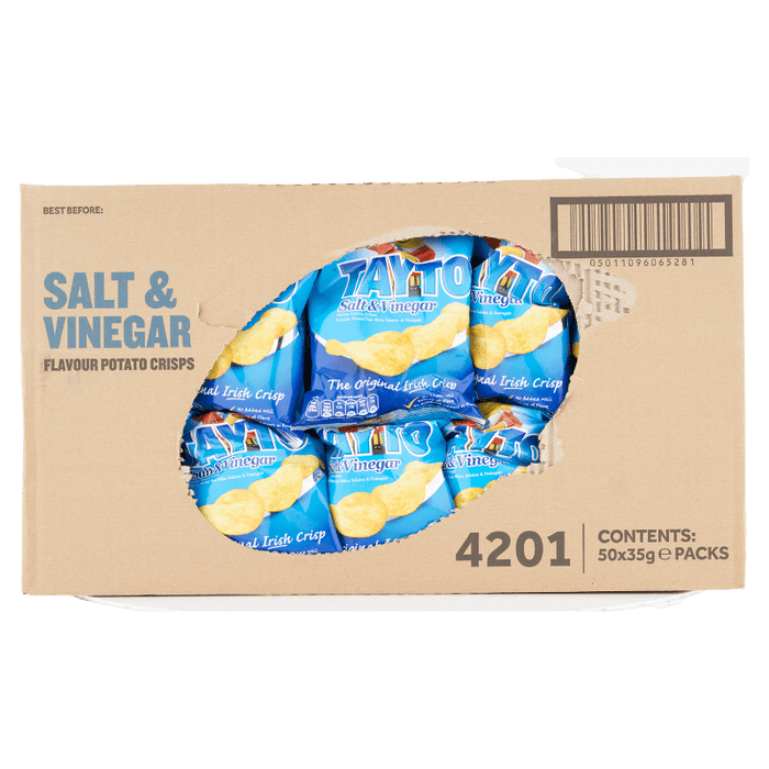 Box of Salt & Vinegar potato chips with Taltom brand packaging.