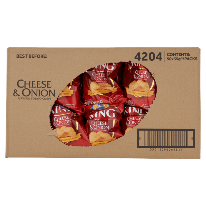Box of Cheese & Onion flavored potato chips with a clear window showing the product.