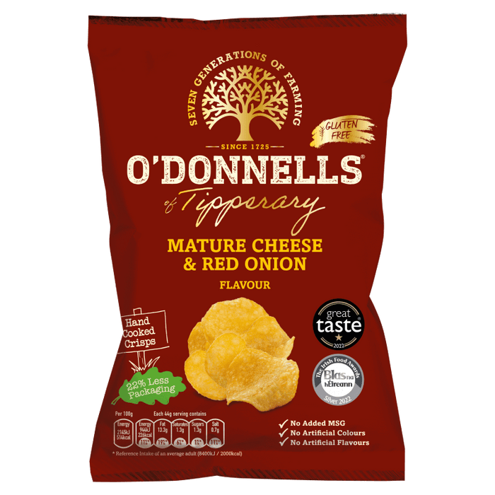 O'Donnell's mature cheese & red onion flavored chips packaging on a white background