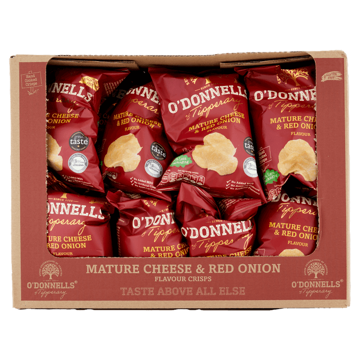 Box of O'Donnell's mature cheese and red onion flavor crisps