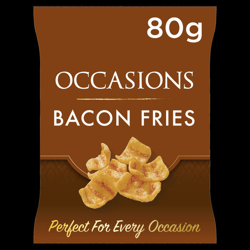 Packaging of bacon fries with a brown background and text.