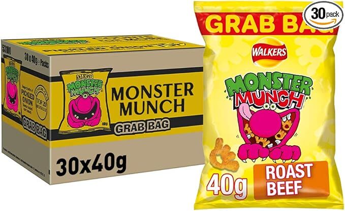 Walkers Monster Munch Roast Beef snack package and box on a white background