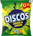 Pack of Discos Cheese & Onion flavored snacks with green and yellow design.