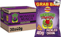 Walkers Monster Munch Pickled Onion snack packaging with a box of the product.