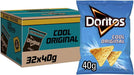 A 40g packet of Doritos Cool Original rests beside a Doritos Cool Original Box of 32 Packets (40g each). The blue bags, featuring two chips on the front, are great for sharing bold Doritos flavour with friends.