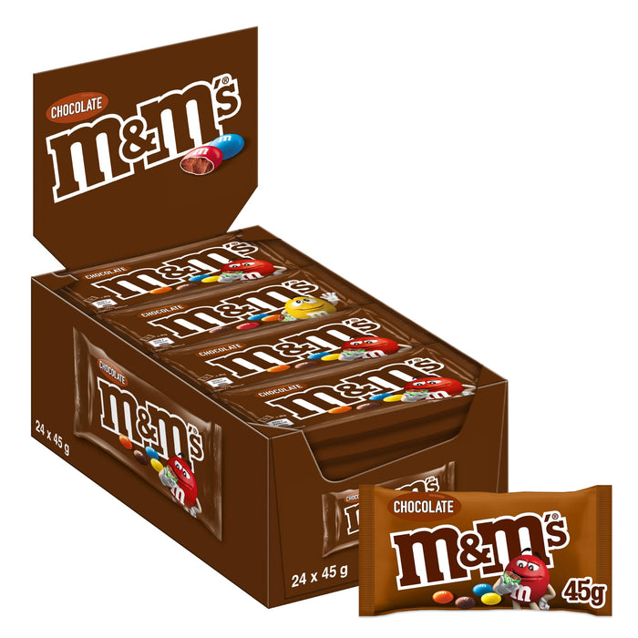 Box of M&M's chocolate candies with a single packet in front on a white background