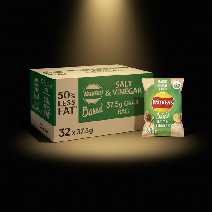 Box of Walkers Salt & Vinegar baked snack bags on a white background