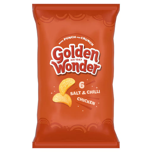 Packaging of Golden Wonder salt and chilli chicken flavored chips on a white background
