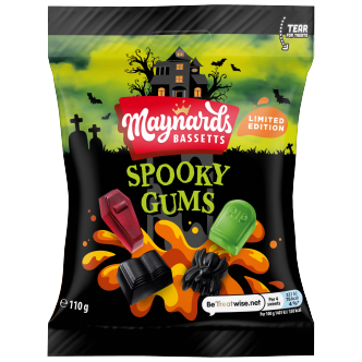 Maynards Bassetts Spooky Gums 110g sweets bag with Halloween-themed packaging