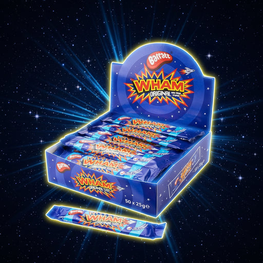 Box of Barratt Wham candy bars with a blue and orange design.