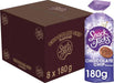 A box of Snack a Jacks Chocolate Chip Flavour cookies shown next to an individual 180g bag of the same product. The box is dark chocolate brown with gold lettering, and the bag is purple with white and gold lettering.