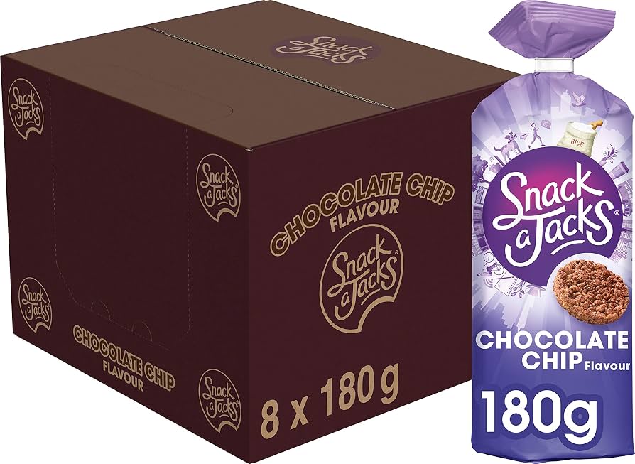 A box of Snack a Jacks Chocolate Chip Flavour cookies shown next to an individual 180g bag of the same product. The box is dark chocolate brown with gold lettering, and the bag is purple with white and gold lettering.