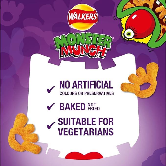 Walkers Monster Munch snack packaging with branding and product details on a purple background.