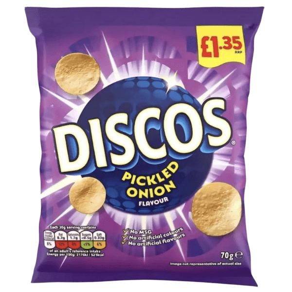 Discos Pickled Onion crisps 70g bag, featuring crunchy chips with a tangy pickled onion flavor.