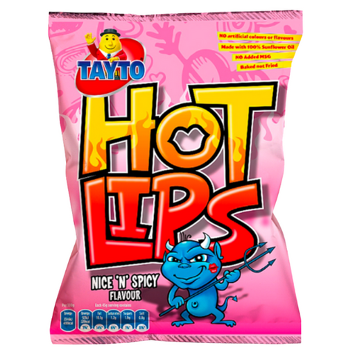 Bright pink packaging of Tayto Hot Lips snacks, featuring a playful blue devil mascot and the text "Nice 'n' Spicy Flavour."