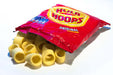 A box of 32 packets (34g each) of Hula Hoops Original by Hula Hoops, famous for their mega crunch and ring-shaped crisps, is shown open with snacks spilling onto a white surface.