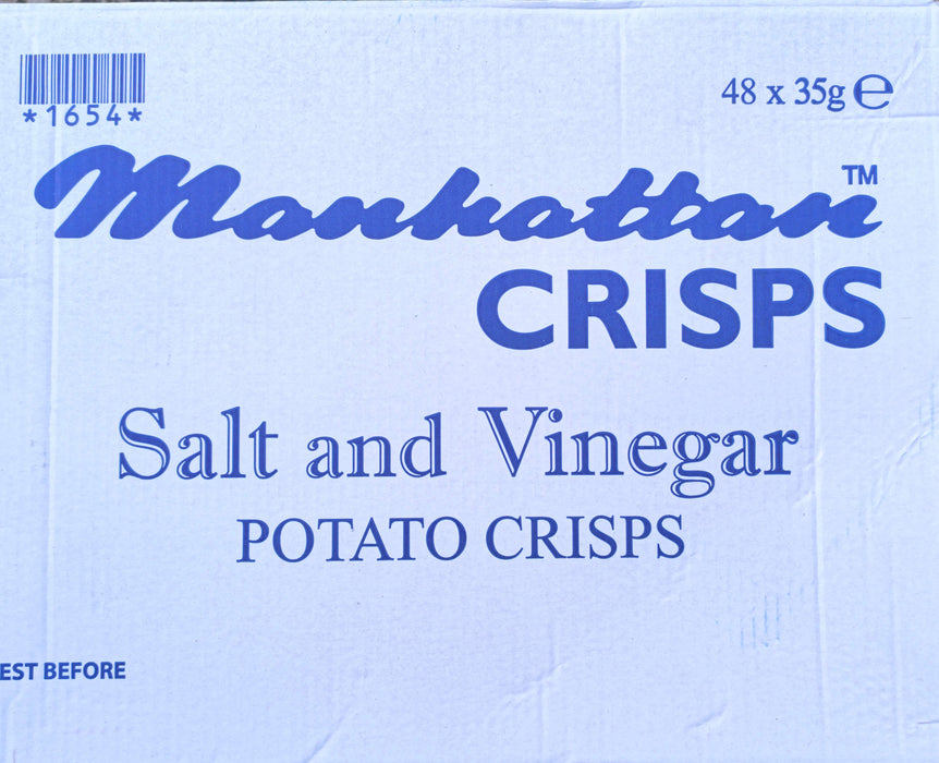 Manhattan Crisps Salt and Vinegar potato crisps packaging on a light blue background