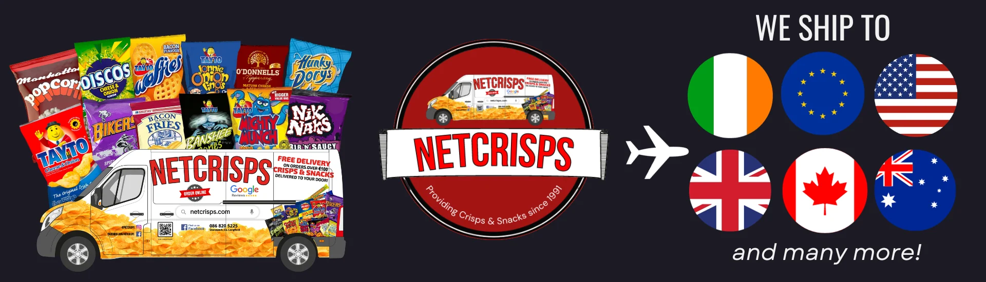 Need crisps? Netcrisps. Banner with crisp packets and delivery van - free delivery on orders over 100 euro