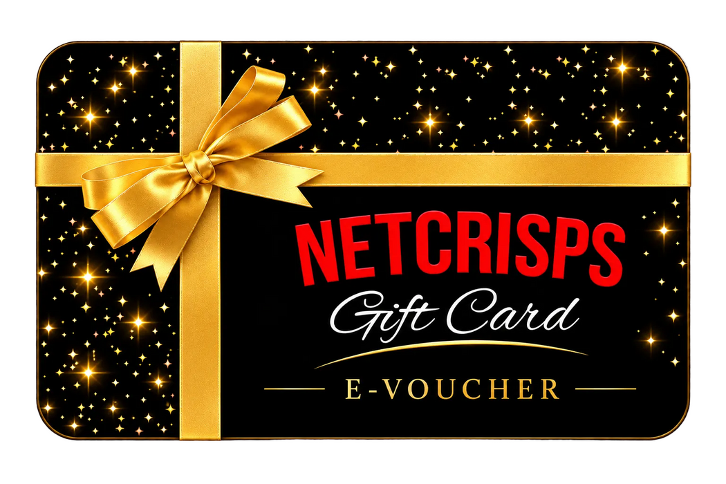 A festive gift card design featuring a black background with gold starry speckles, a large gold ribbon and bow, and the text 'NETCRISPS Gift Card E-VOUCHER' in red and white lettering.