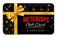 A festive gift card design featuring a black background with gold starry speckles, a large gold ribbon and bow, and the text 'NETCRISPS Gift Card E-VOUCHER' in red and white lettering.