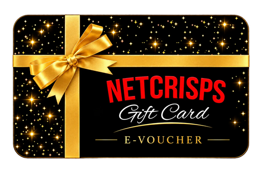 A festive gift card design featuring a black background with gold starry speckles, a large gold ribbon and bow, and the text 'NETCRISPS Gift Card E-VOUCHER' in red and white lettering.