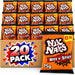 A 20-pack display box of Nik Naks Nice 'N' Spicy snack bags, with one individual bag in front showing the orange packaging, black borders, and a yellow price sticker.