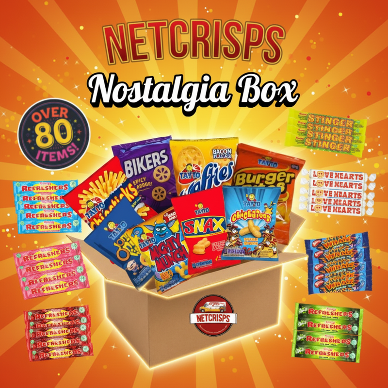 NETCRISPS Nostalgia Box with various retro-themed snack packages on a white background