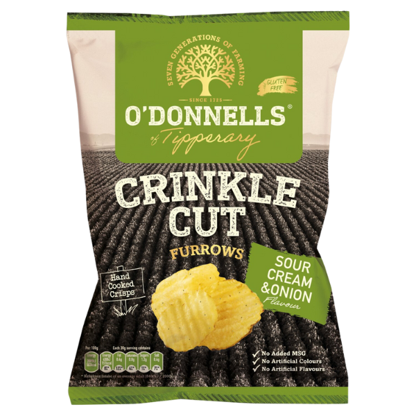 REDUCED O'Donnells Crinkle Cut Furrows Sour Cream & Onion | Box of 12 Packets (125g)