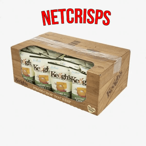 A box of Keoghs Cheese and Onion (24 x 45g packets) features several individual bags visible through a clear window, with KEOGHS displayed prominently above the box.