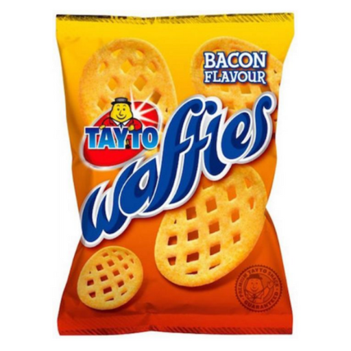 A vibrant bag of Tayto Waffles in bacon flavor, featuring crisp waffle-shaped snacks against a bright orange background.