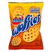 A vibrant bag of Tayto Waffles in bacon flavor, featuring crisp waffle-shaped snacks against a bright orange background.
