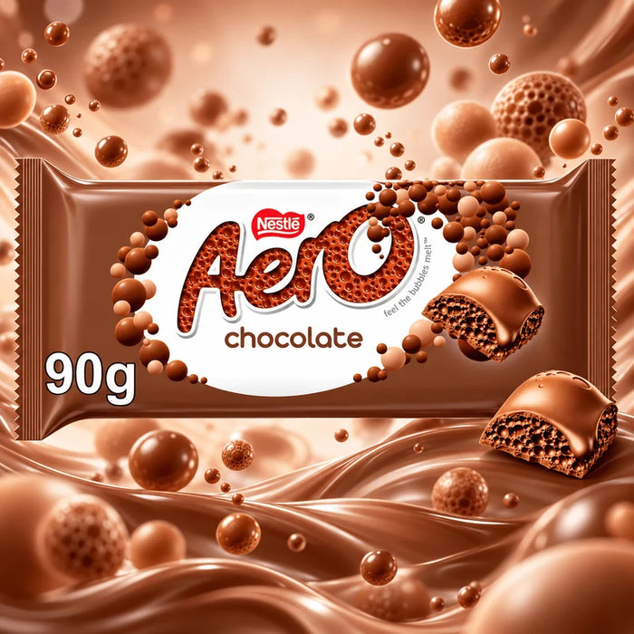 A 90g wrapper of Nestle Aero Chocolate, featuring a glossy brown chocolate-coated design with floating chocolate spheres and broken chocolate pieces, set against a rich chocolate splash background.