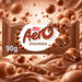 A 90g wrapper of Nestle Aero Chocolate, featuring a glossy brown chocolate-coated design with floating chocolate spheres and broken chocolate pieces, set against a rich chocolate splash background.