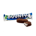 A box of 24 Mars Bounty Chocolate Bars (57g) is shown, with one bar in its blue-and-white wrapper beside an unwrapped bar cut open to reveal the white coconut filling inside the smooth, responsibly sourced milk chocolate coating.