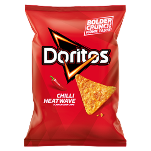 A bold red bag of Doritos Chilli Heatwave flavor with a triangular chip and a chili pepper icon.
