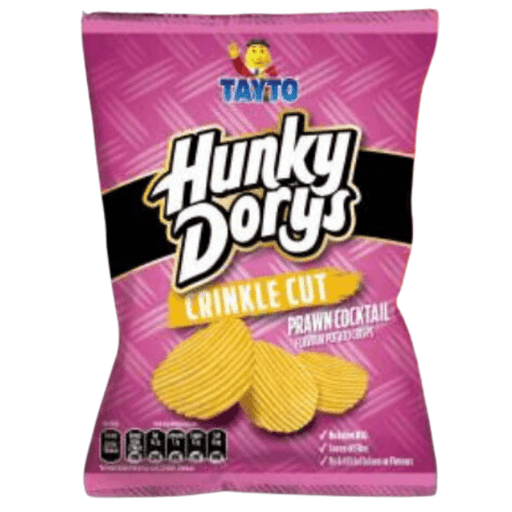 A box of Hunky Dorys Prawn Cocktail crisps (12 x 135g) features vibrant pink packaging with crinkle-cut chip images on the front and nutritional icons along the bottom.