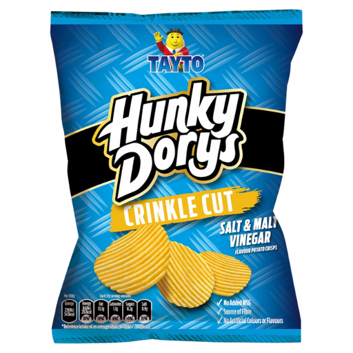Packaging of Hunky Dorys Crinkle Cut potato crisps, flavored with salt and malt vinegar, featuring bright blue design.