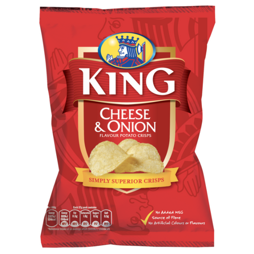 Red packaging featuring "King Cheese & Onion Flavour Potato Crisps" with a crown logo and tagline "Simply Superior Crisps."