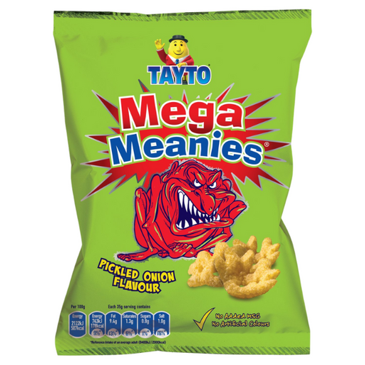A vibrant green bag of Tayto Mega Meanies snack, featuring a red creature mascot, labeled 'Pickled Onion Flavour.' Crispy snacks visible in front.