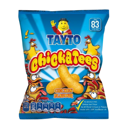 A vibrant blue snack bag of Tayto Chickatees featuring fun chicken graphics, showcasing chicken-flavored, crunchy snacks inside.