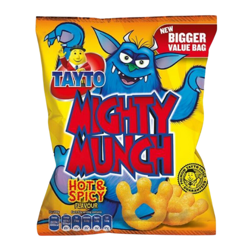 A bright yellow bag of Tayto Mighty Munch snacks, featuring a blue cartoon monster, labeled "Hot & Spicy Flavour" with a value bag highlight.
