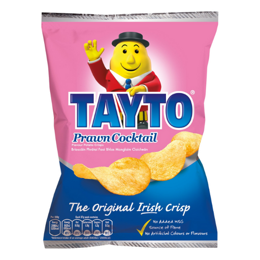 A brightly colored Tayto Prawn Cocktail crisps bag featuring a mascot in a suit and top hat, highlighting "The Nation's Favourite Crisp."