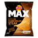 A box of Walkers Max Sizzling Flame Grilled Steak crisps (24 x 50g), offering bold flavor. The front displays the crisps and features nutritional info in colored boxes at the bottom right.