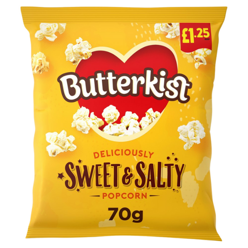 Butterkist Sweet & Salty Popcorn 70g bag – yellow packaging with red heart logo, featuring popped corn illustrations